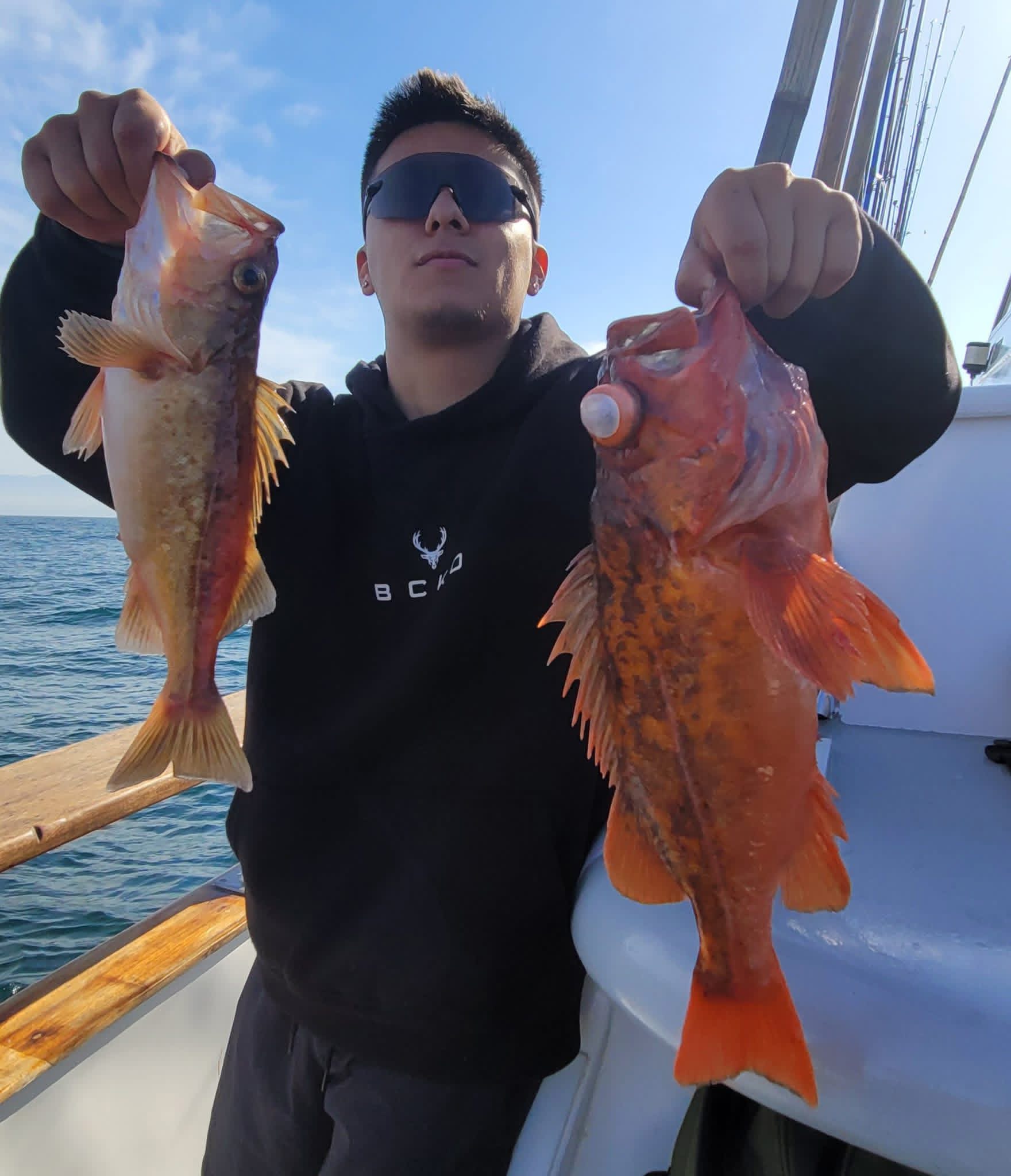 Person on boat holding two bright orange fish