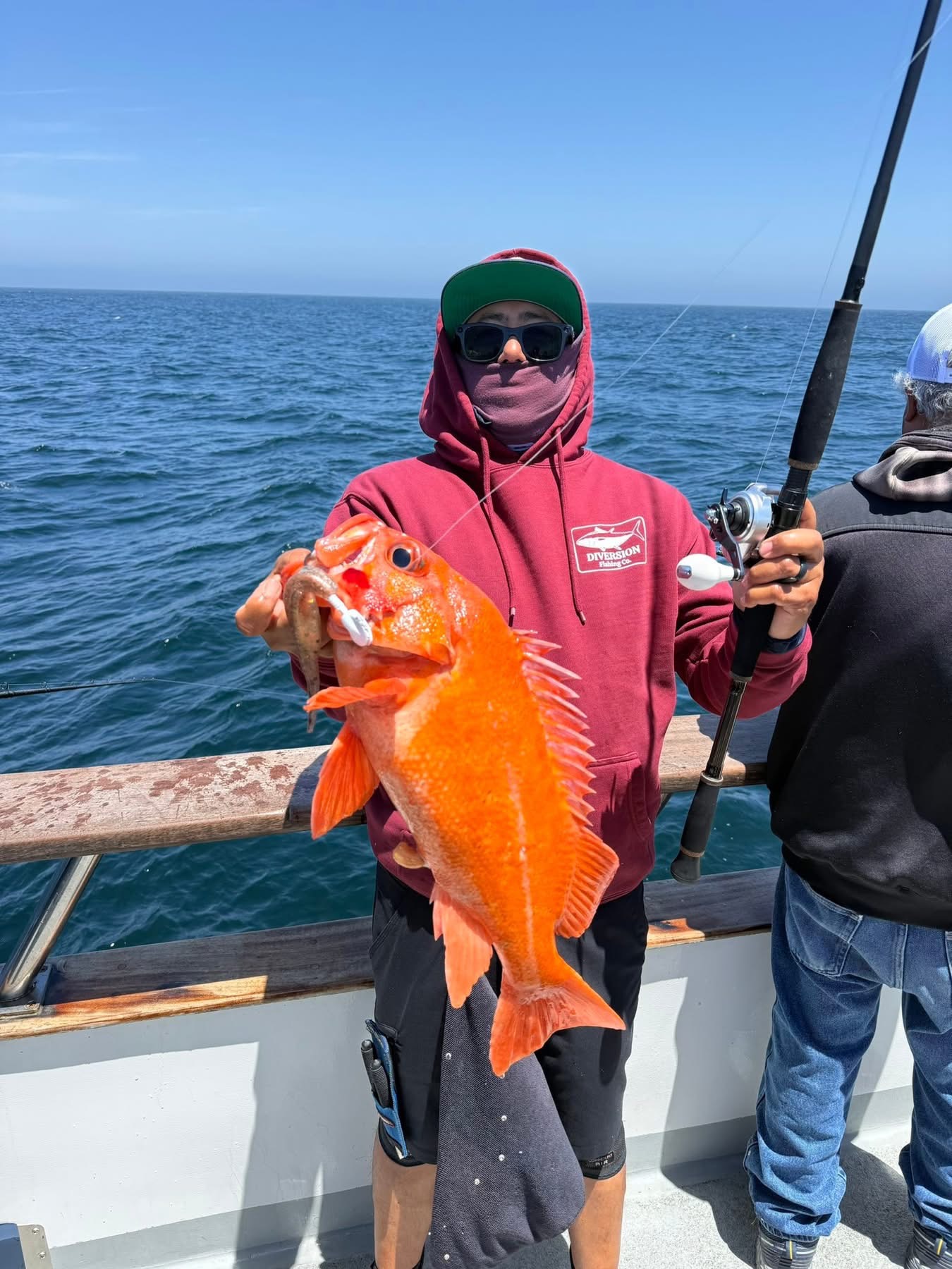 Person holding large bright orange fish on boat